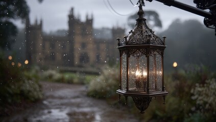 Ornate lantern hangs in rainy garden, castle in background
