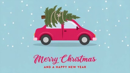 car drive with christmas tree on snowy background illustrated animation - Powered by Adobe