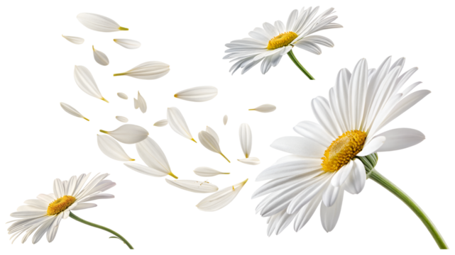 white daisies flower lobes flying and different angles collection isolated on transparent background