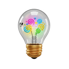 A cute cartoon lightbulb with a smiling face, filled with colorful candy-like swirls representing creative ideas.