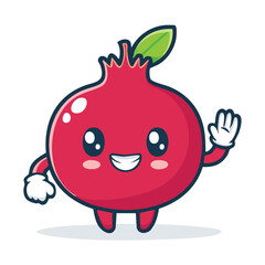 Cute Pomegranate Character Vector Waving Hand with Bold White Stroke, Solid Flat Colors, Sticker Ready Kawaii Tropical Fruit Illustration for Fun Summer and Healthy Food Designs

