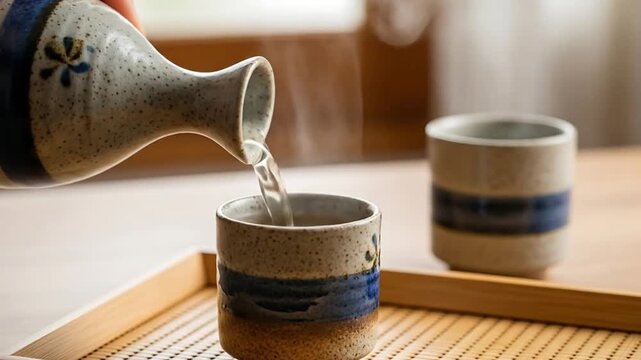 Pouring sake into cup traditional japanese drink alcohol beverage oriental culture asian drinkware ritual video 4k Video 4k