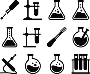 Collection of Black and White Science Laboratory Equipment Icons chemistry
