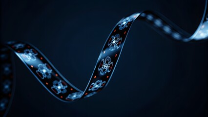 DNA Ribbon Helix – Glowing Blue Double Strand with Molecular Motifs on Dark Background
