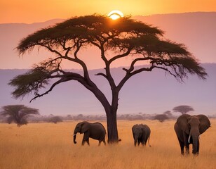 Fototapeta premium Majestic Elephants at Sunset in African Savannah