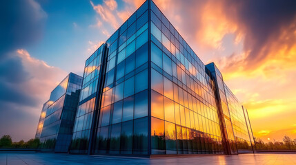 Sunset reflections on modern office building facade. Business center under evening sky. Dusk at the corporate hub