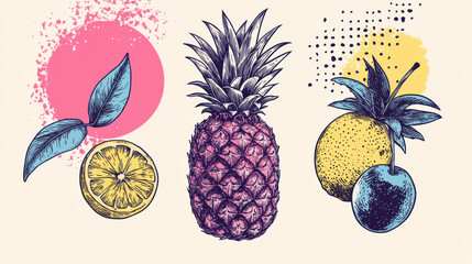 Hand drawn ink sketch and watercolor stain fruits seamless pattern.