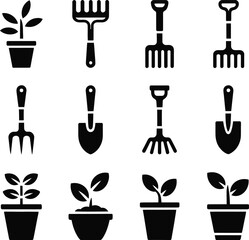 Gardening Tools Icons Set Plants And Planting Equipment rake