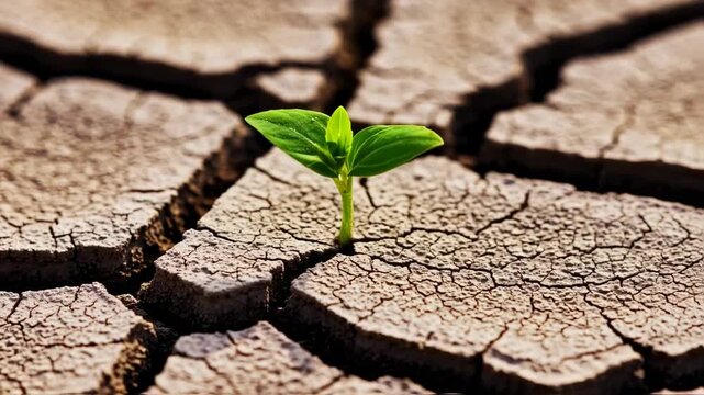 A tenacious seedling emerges from parched earth, symbolizing resilience and hope amidst aridness, reflecting the cycle of life and renewal