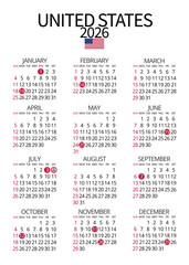 Vertical design of the 2026 United States calendar, with all federal holidays marked, practical editorial template for reports, offices, or media. July 4th with special marking