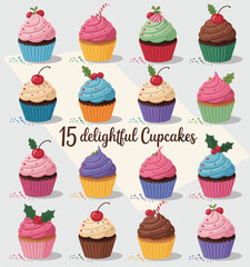 Collection of 15 colorful frosted cupcakes with cherries and sprinkles dessert sweet
