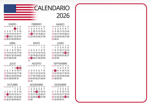2026 US calendar in Spanish with public holidays marked, horizontal format with ample blank space to add a logo or custom design. United States calendar