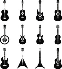 Naklejka premium Twelve black guitar icons on white background Keywords: guitar, icon, acoustic guitar, electric