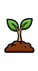 A small plant with two green leaves sprouting from brown soil, isolated against a white background.