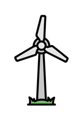 Illustration of a wind turbine standing on a patch of grass, symbolizing renewable energy.