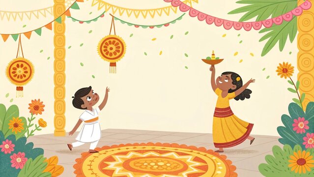 Joyful children celebrating the vibrant and traditional Onam festival with decorative elements and festive attire creating a lively and colorful atmosphere for the holiday season