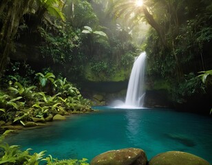 Emerald Cascade Tropical Waterfall Nestled in Rainforest Sanctuary