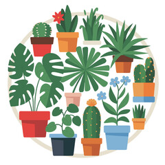 Fototapeta premium Collection of potted houseplants and cacti arranged in a circular pattern potted plants succulents
