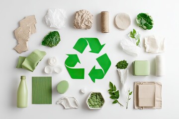 Assorted recyclable materials arranged around a green recycle symbol