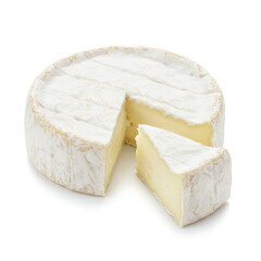 Round wheel of soft white Brie cheese with a triangular wedge cut out, revealing its creamy interior, on a white background.