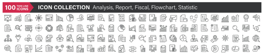 Big icons collection. Containing Analysis, Report, Fiscal, Flowchart, Statistic. Thin line style series icon