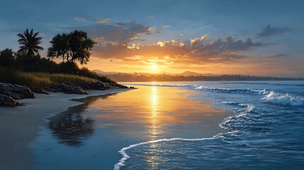 Fototapeta premium Twilight hues of blue and amber mingling in sky and water across a flat beach horizon.