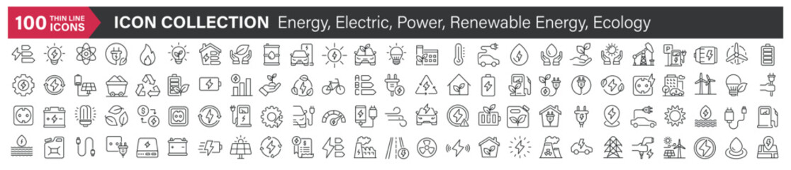 Big icons collection. Containing Energy, Electric, Power, Renewable Energy, Ecology. Thin line style series icon