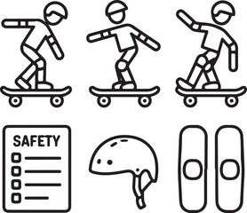 Beginner Skateboarding Icon Set – Balance Drills, Falling Techniques, Safety Gear, and Basic Movement Guides
