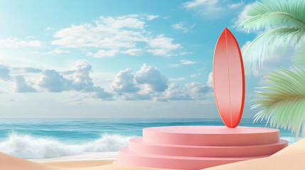 cylinder stage podium empty with summer beach background and surfboard, swimming ring, palm leaf