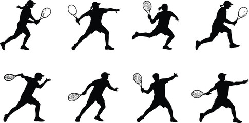 Tennis player silhouettes showing different poses and actions on white background
