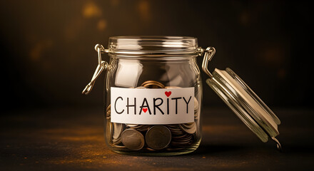 Charity Savings Glass Jar Full of Coins on Dark Textured Surface with Golden Hues and Open Lid