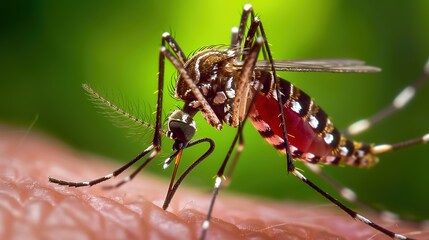 Fototapeta premium Mosquitoes sucking blood is a common biological phenomenon primarily observed in female mosquitoes, as they require blood meals to obtain essential proteins and iron for egg developmen