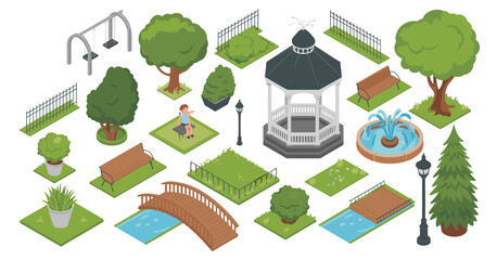 Isometric park elements including gazebo swings benches and trees illustration