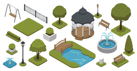Isometric park elements including gazebo, bridge, fountain, benches and trees vector
