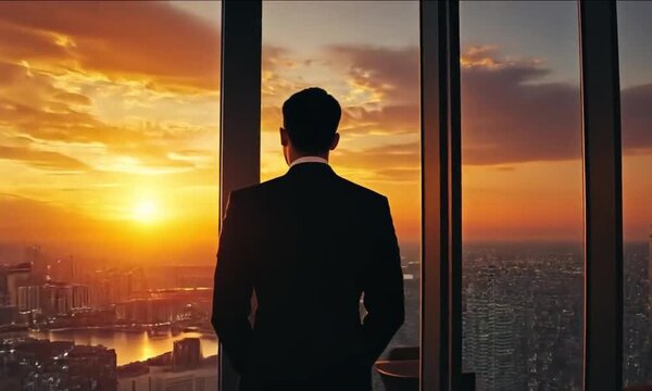 Businessman stands silhouetted against the setting sun