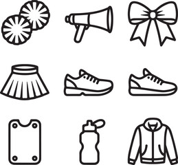 Cheerleading Equipment Outline Icons – Pom Poms, Megaphone, Bow, Uniform, Cheer Shoes, and Practice Gear