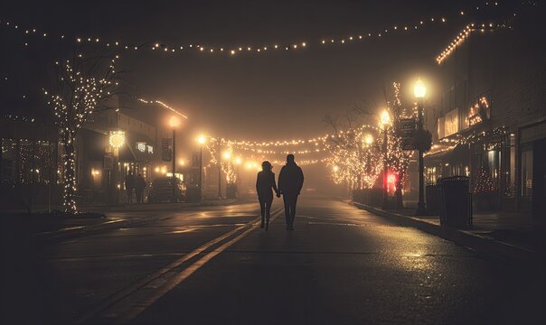 A couple walks down a foggy, decorated town street at night