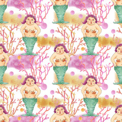 Seamless watercolor pattern with curvy mermaids and coral branches. Whimsical underwater design for fabric, wrapping paper, kids decor, or summer-themed projects.