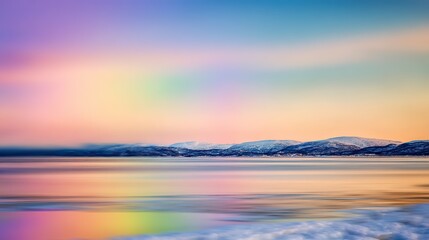 Obraz premium A beautiful gradient background of light purple and yellow hues, with smooth ice in the foreground and rainbow aurora above, evokes tranquility and mystery.