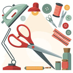 Sewing and Crafting Tools Flat Design Illustration with Scissors and Thread buttons