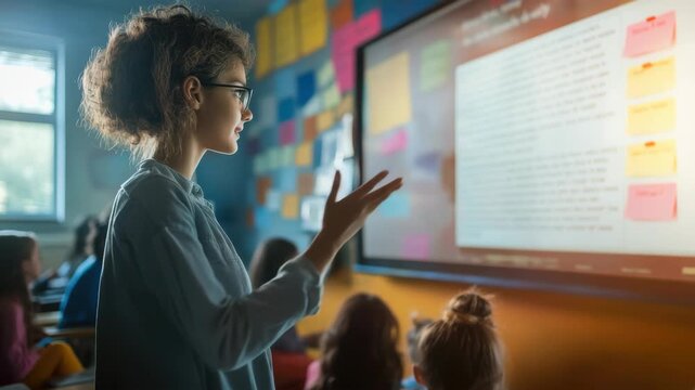 Young female teacher using interactive whiteboard, engaging elementary school students in modern classroom