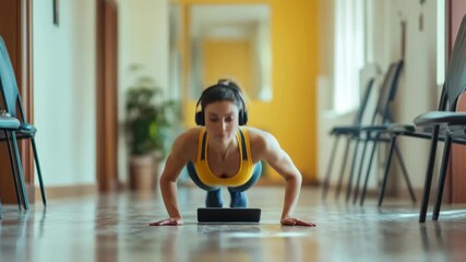 Athletic woman performing push-ups with tablet on floor - Powered by Adobe