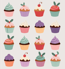 Sixteen Whimsical Cupcakes with Festive Holly and Cherries dessert sweet
