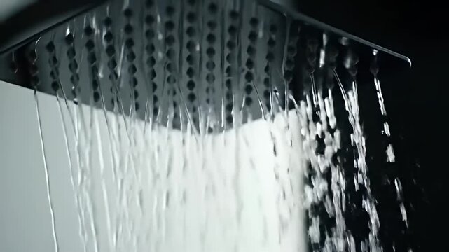 Rectangular shower head streams water downwards in a dark, minimalist bathroom space