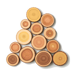 Stacked tree trunk cross sections with visible growth rings and bark wood logs