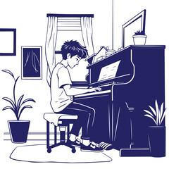 Teenager practicing piano at home vector design illustration.