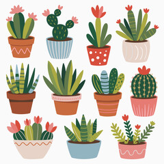Whimsical Potted Cactus and Succulent Collection with Floral Accents potted plant green © MSTHUSNEWARA
