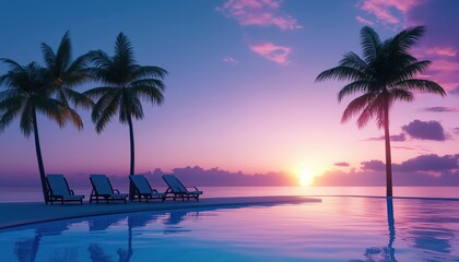 Sunset At A Resort: Relaxing By The Infinity Pool With Palm Trees On The Beach In A Tropical Paradise At Night. Enjoy A Carefree Vacation In A Stunning Summer Landscape.