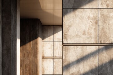 Architectural interior with textured stone and wood panels bathed in sunlight Diagonal shadows highlight modern design