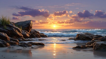Soft clouds glowing with gold and purple tones over calm, shallow waves.